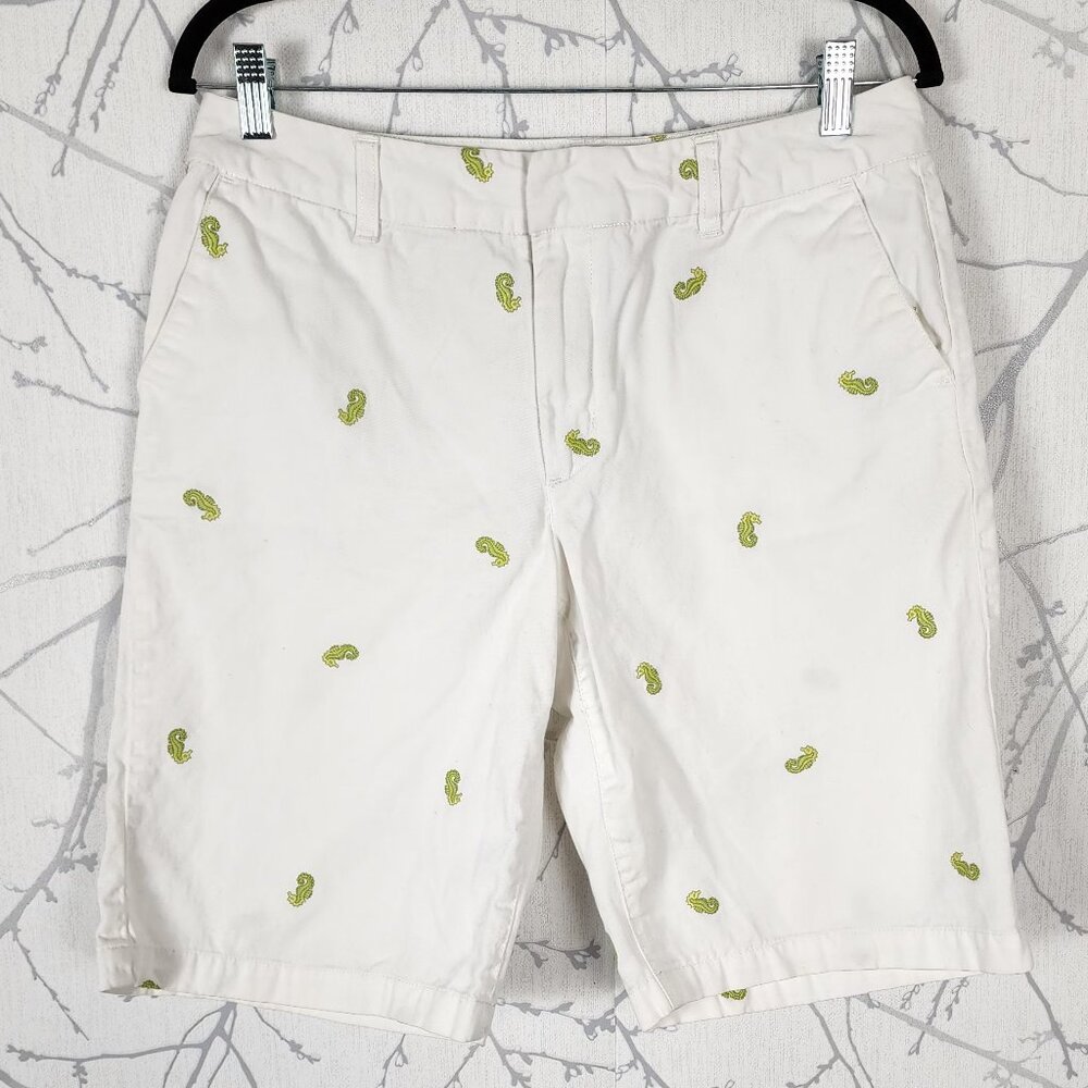 Khakis White Green Seahorse Embroidered Cotton Bermuda Shorts